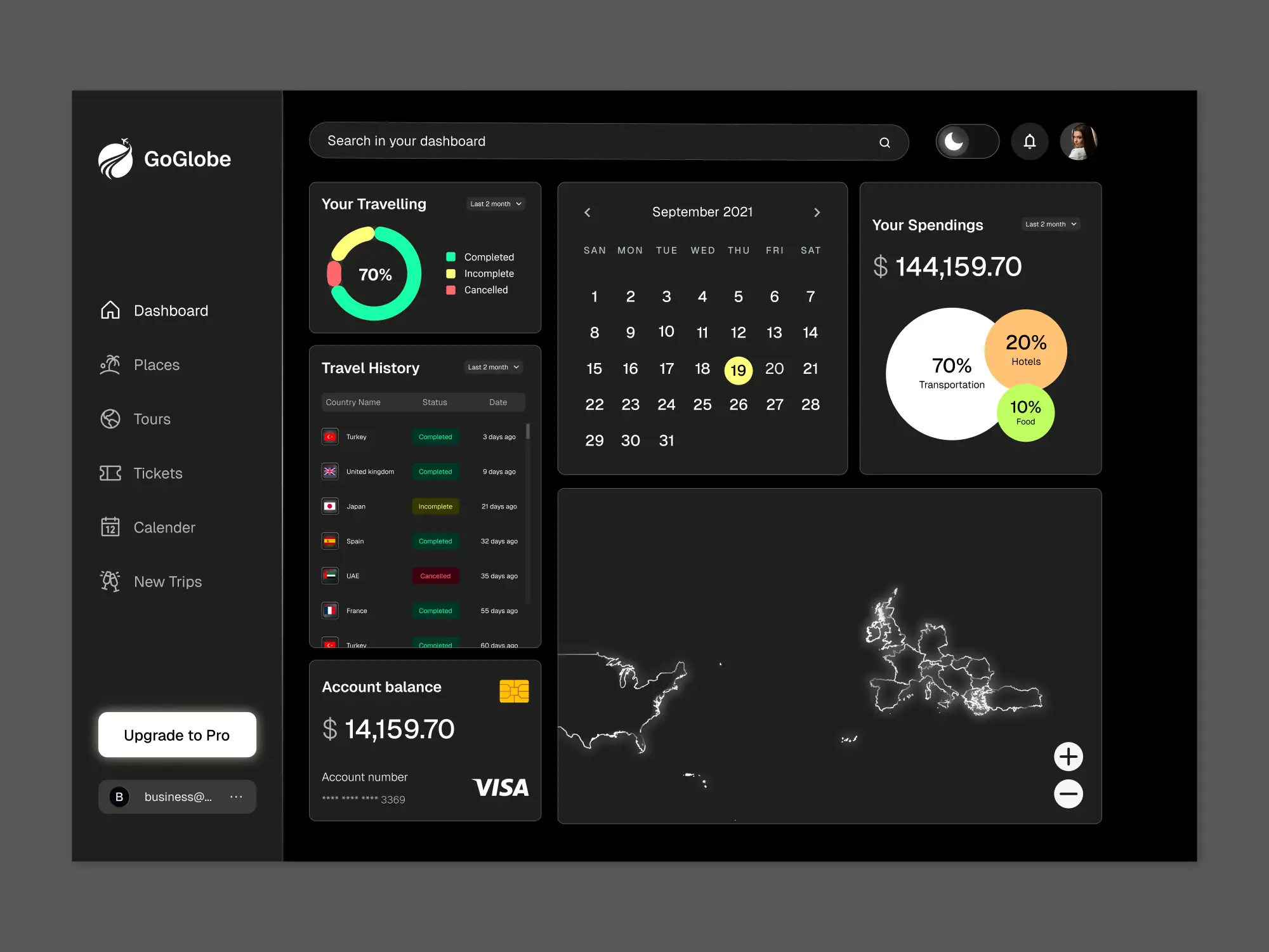 Portfolio project: Travel agency dashboard UI design in dark mode - Professional SaaS analytics portfolio showcasing data visualization and booking management interface